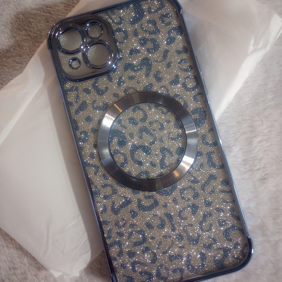 Other - Glitter Leopard Print iPhone 15 Plus Case - Silver and Blue